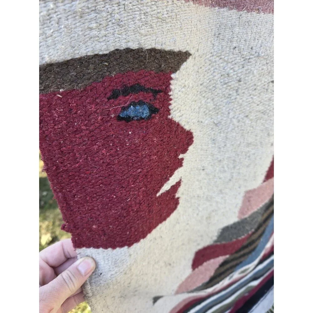 Vintage Handwoven Mexican Sherpa Blanket Tapestry Rug Chichen Itza 44x76 Aztec‎